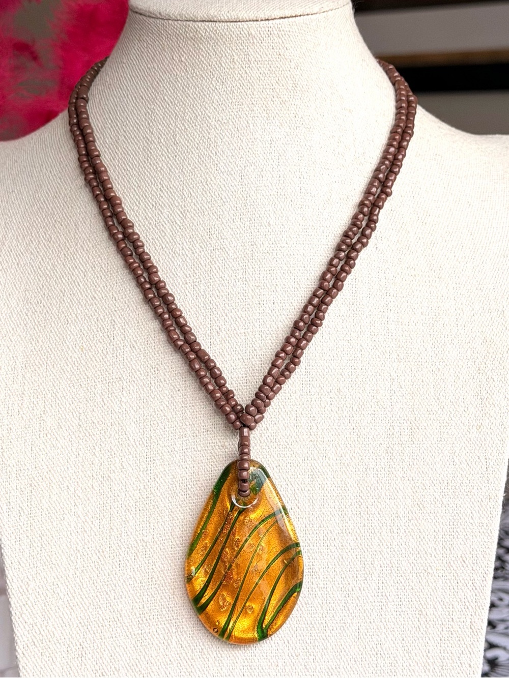Art Glass Pendant Necklace Golden Amber Green Double Strand Beaded Boho 18-21”